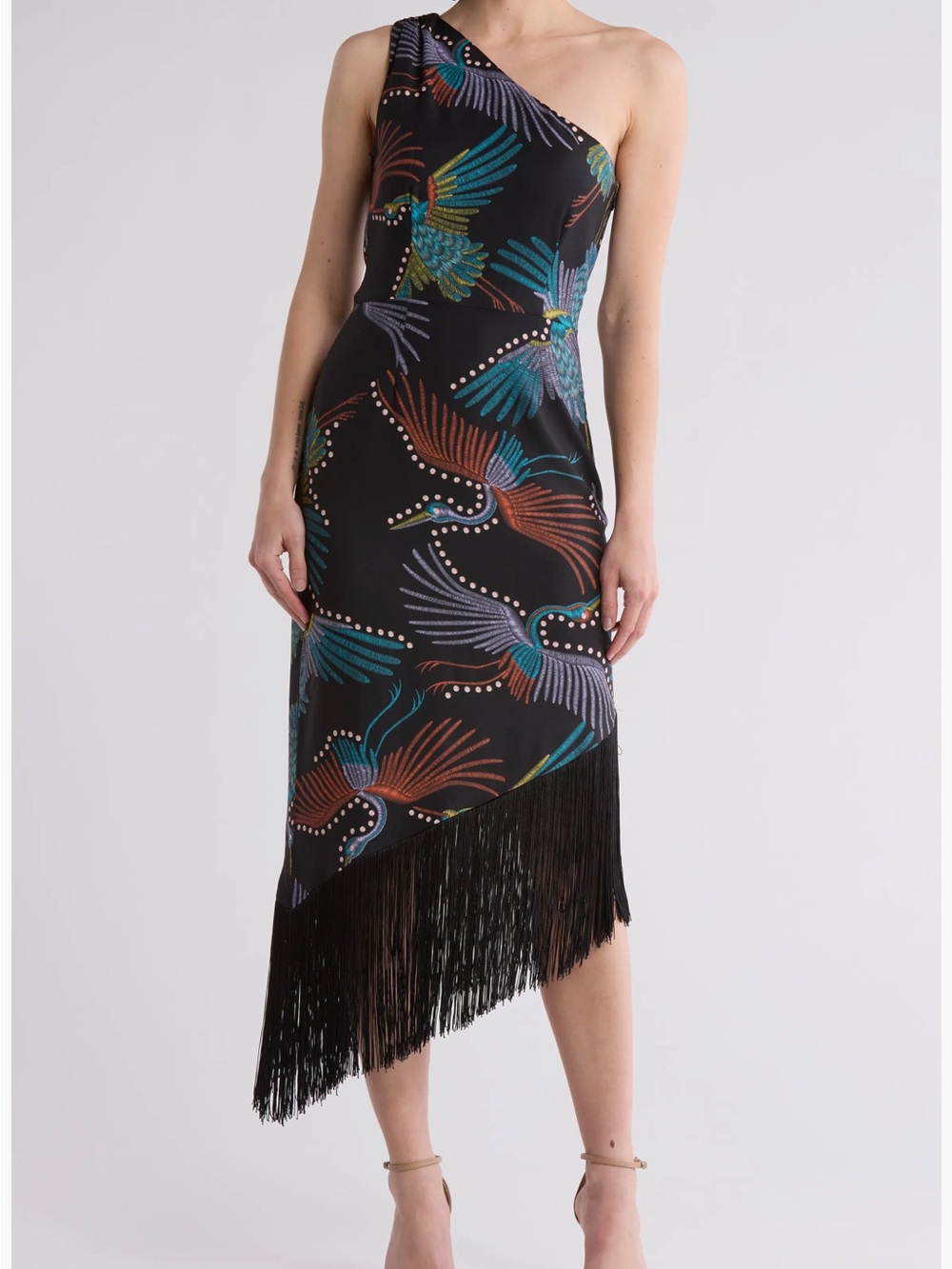 Hutch One-Shoulder Black Fringe Midi Dress with Colorful Bird Print